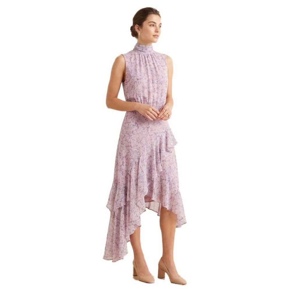 CeCe Pink Floral Mock Neck Asymmetrical Ruffled Hem Dress